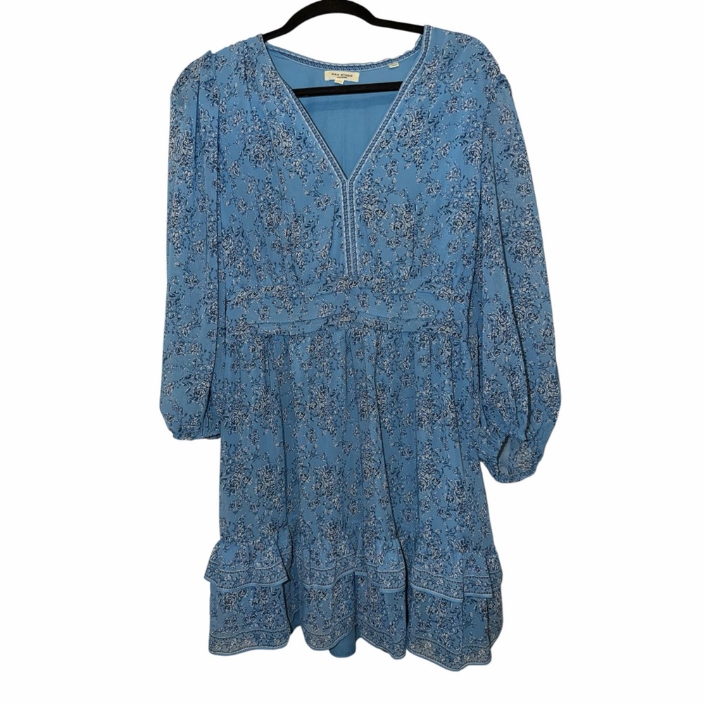 Max Studio Blue Floral V-Neck Tiered Long Sleeve Dress